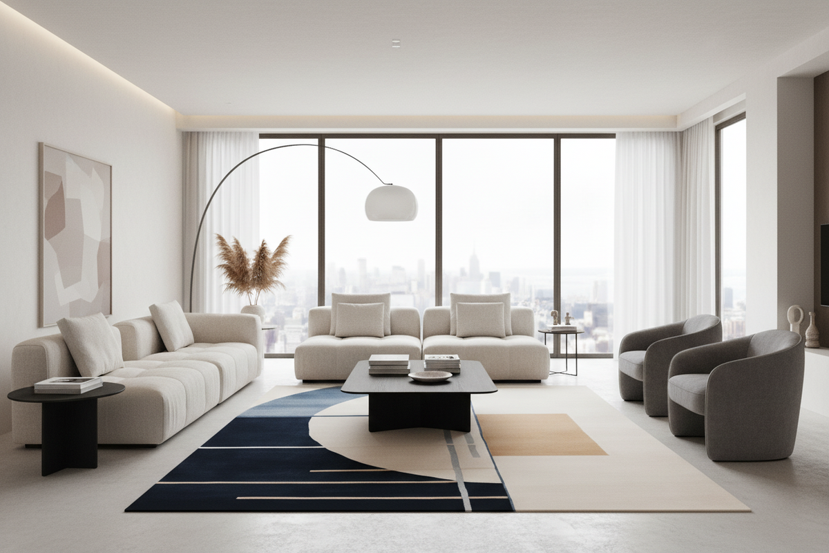 A modern, minimalist living room featuring a cream sectional sofa, two gray armchairs, a black coffee table, and a geometric navy, beige, and white area rug. Large floor-to-ceiling windows offer a city view, and the room is styled with a curved floor lamp and a large abstract art print on the wall.
