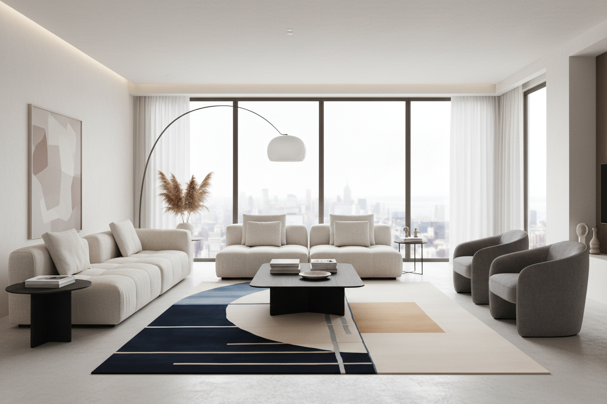 A modern, minimalist living room featuring a cream sectional sofa, two gray armchairs, a black coffee table, and a geometric navy, beige, and white area rug. Large floor-to-ceiling windows offer a city view, and the room is styled with a curved floor lamp and a large abstract art print on the wall.