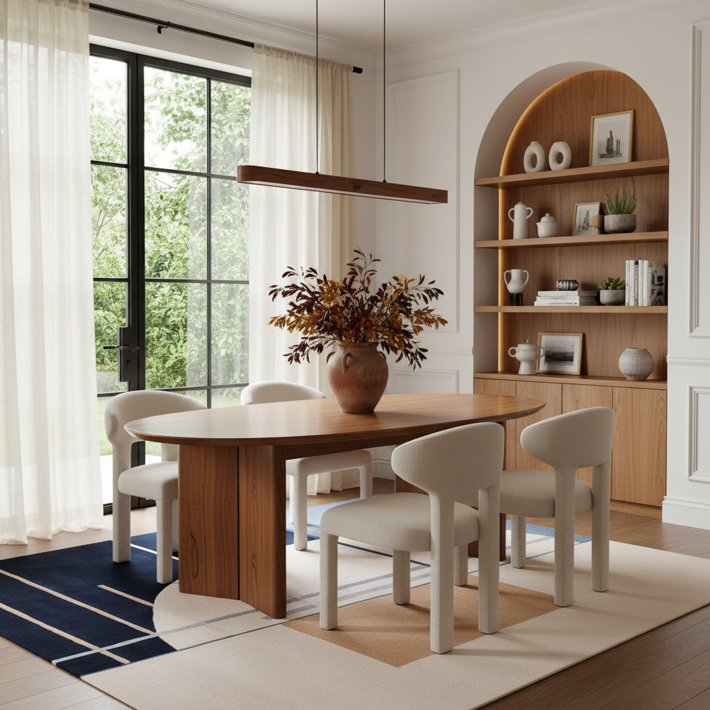 A modern dining room scene featuring a light oak wood oval table with a thick pedestal base, surrounded by four cream upholstered chairs. A large brown ceramic vase filled with autumn foliage sits on the table. The room has white walls, a built-in wooden arched shelving unit on the right, and a large window with sheer curtains on the left.