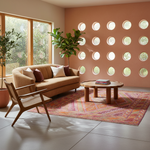 A styled living room interior featuring a tan upholstered sofa, a matching wooden armchair, a round wooden coffee table, and a colorful geometric area rug. The room has a terracotta-colored wall with circular cutouts, large windows, and potted plants.