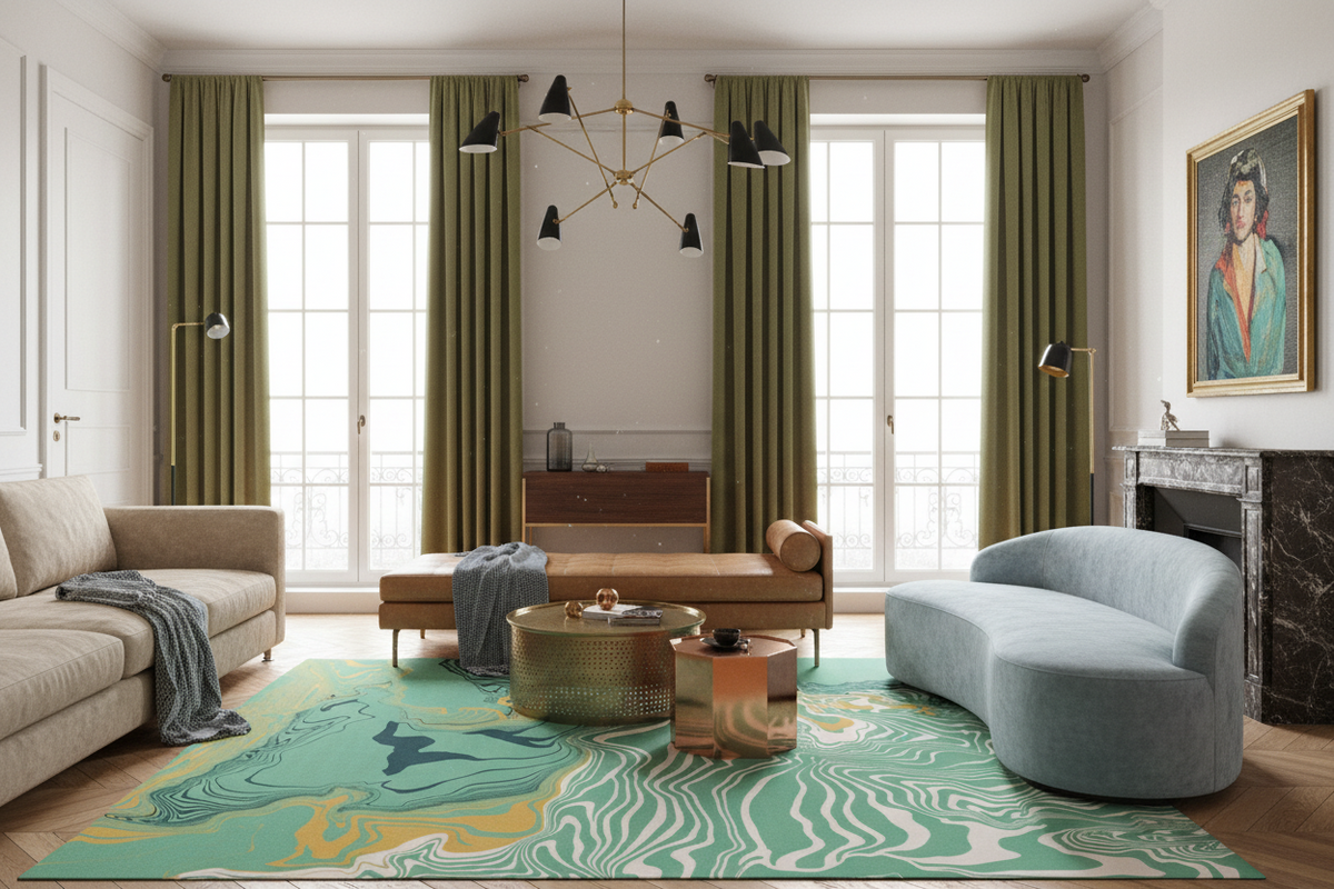 A styled living room interior featuring a large abstract patterned area rug in teal, green, and gold tones, a light blue curved sofa, a tan leather chaise lounge, olive green curtains, and a gold chandelier.
