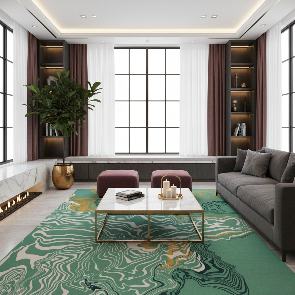 A modern living room featuring a large green and white wavy patterned area rug under a white coffee table, with a gray sofa, pink ottomans, and dark brown curtains framing a large window.