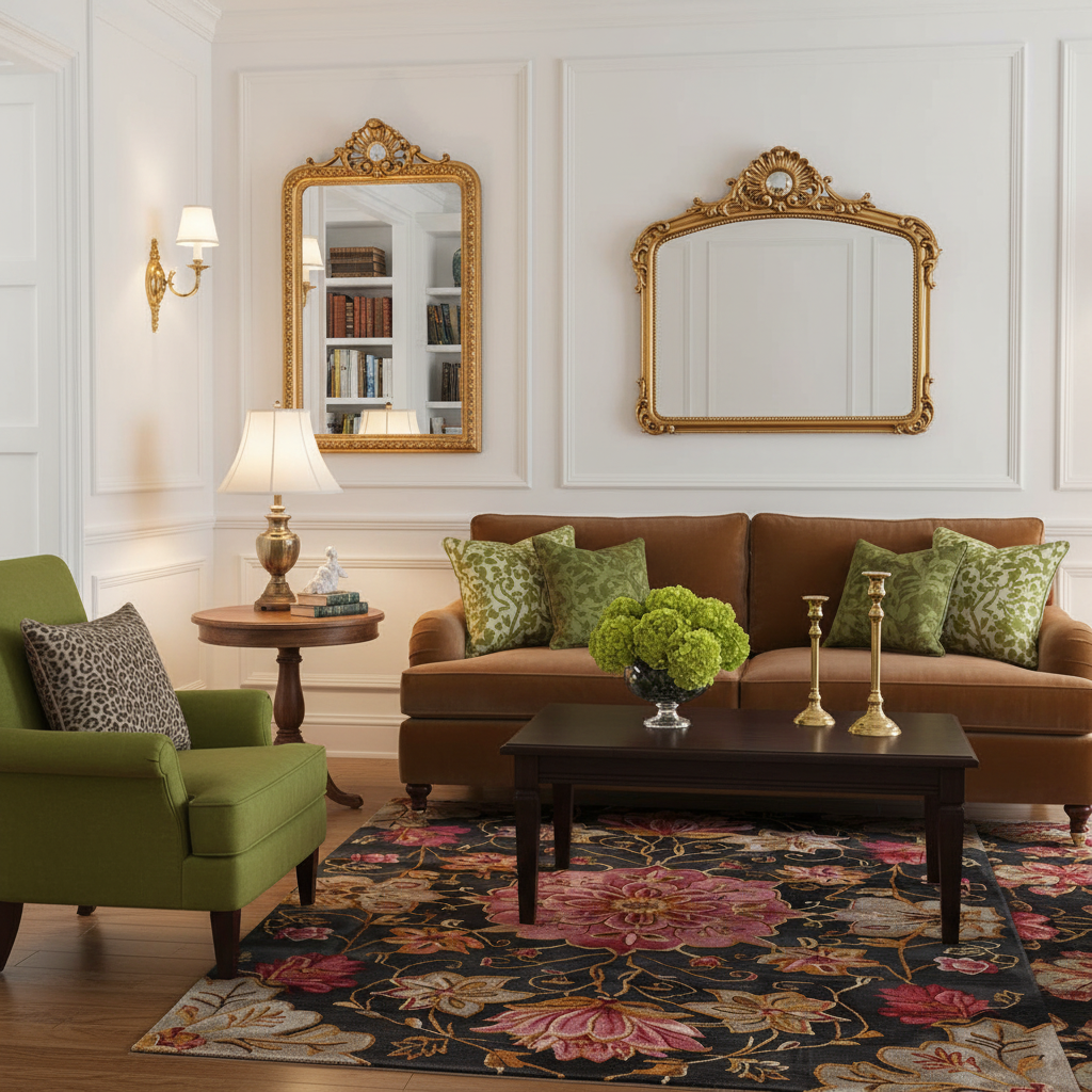 A styled living room interior featuring a brown sofa with green patterned pillows, a dark wood coffee table, a green armchair, a floral area rug, wall sconces, and two ornate gold-framed mirrors on white paneled walls.