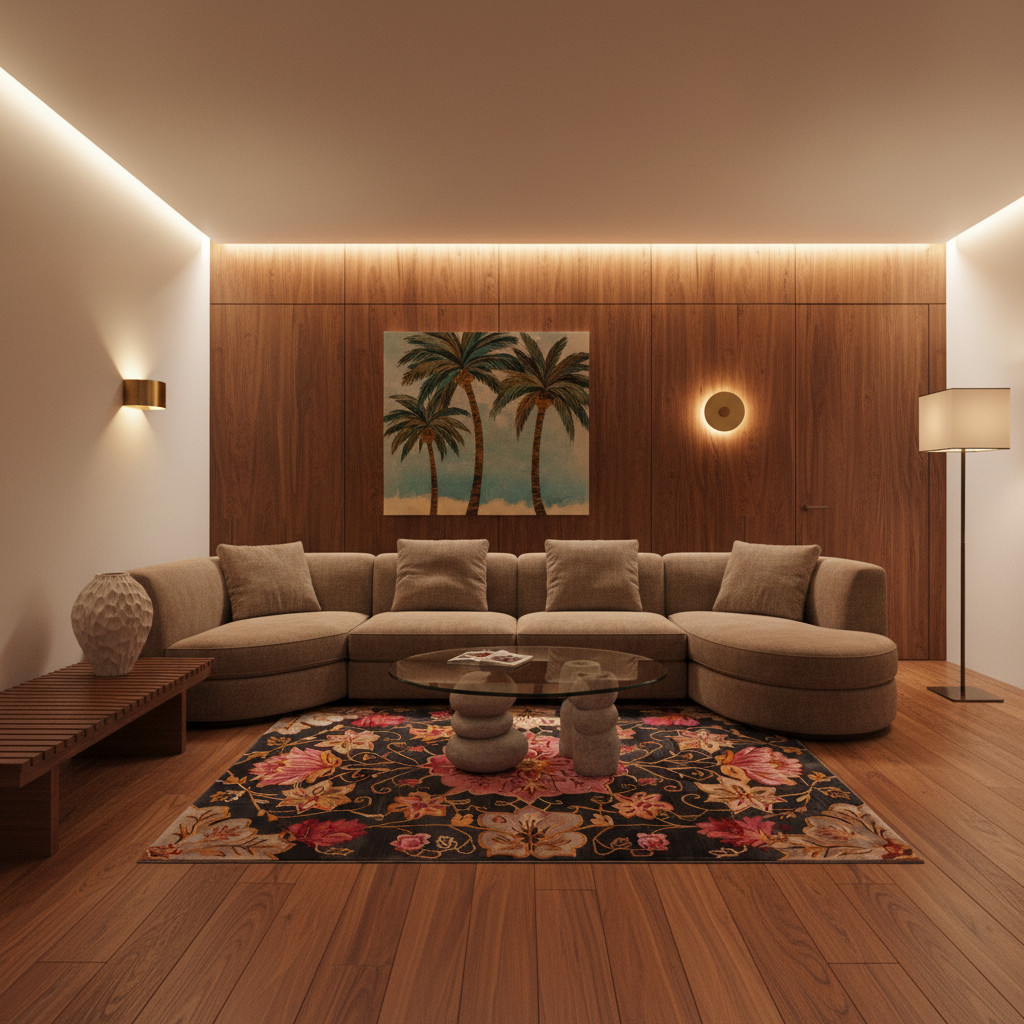 A modern living room featuring a curved beige sectional sofa, a dark wood-paneled wall with a tropical palm tree painting, a floral area rug, and warm ambient lighting.