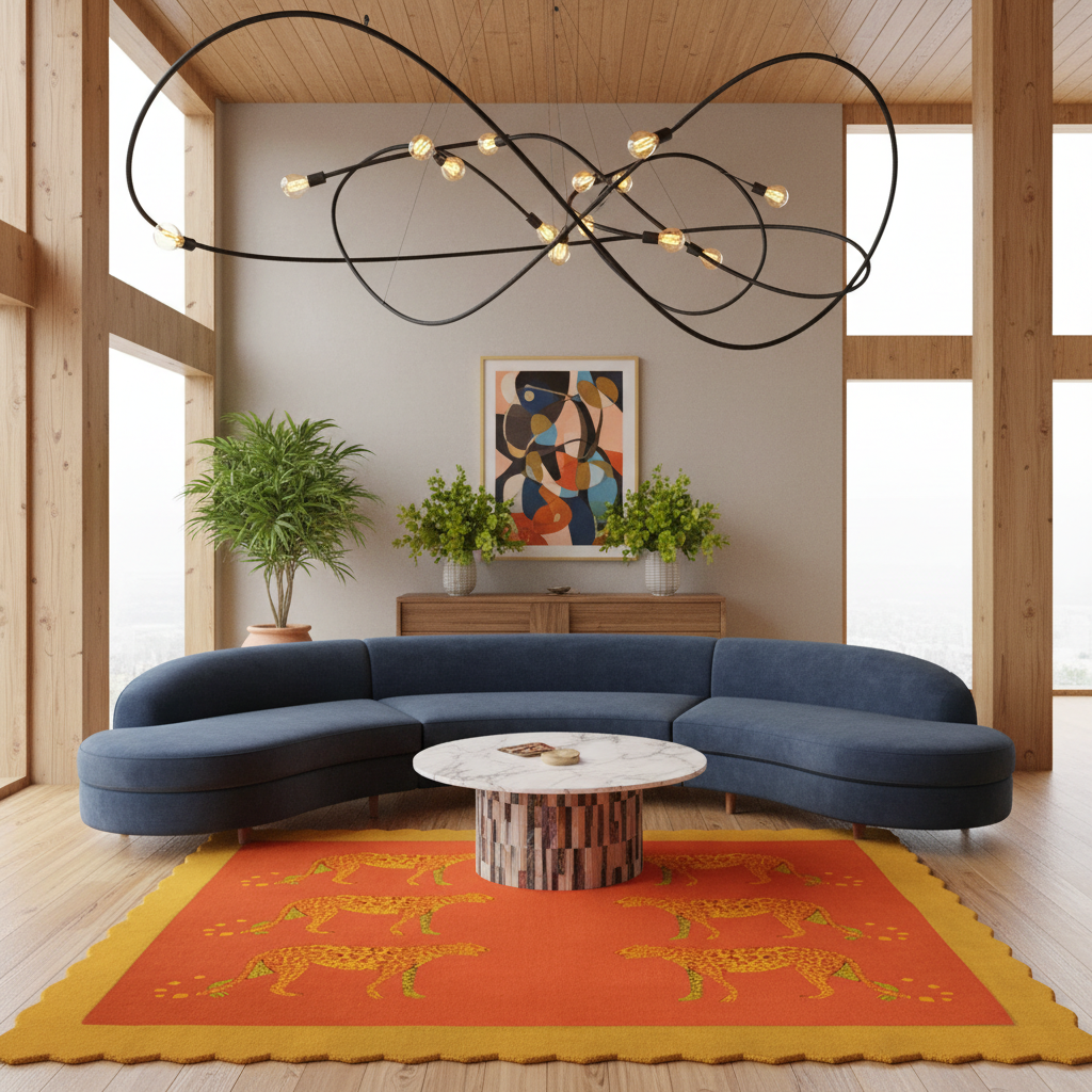 A modern living room scene featuring a curved navy blue sectional sofa, a round marble-top coffee table, a bright orange rug with yellow patterns, a wooden sideboard, potted plants, and a large black wire chandelier overhead.