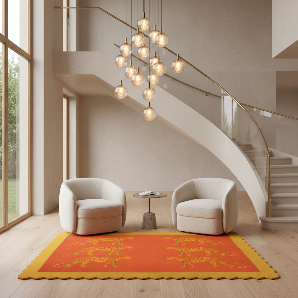A modern interior scene with two cream upholstered armchairs, a small stone side table, a large orange rug with yellow and green decorative motifs, a staircase, and a cluster of hanging glass pendant lights.