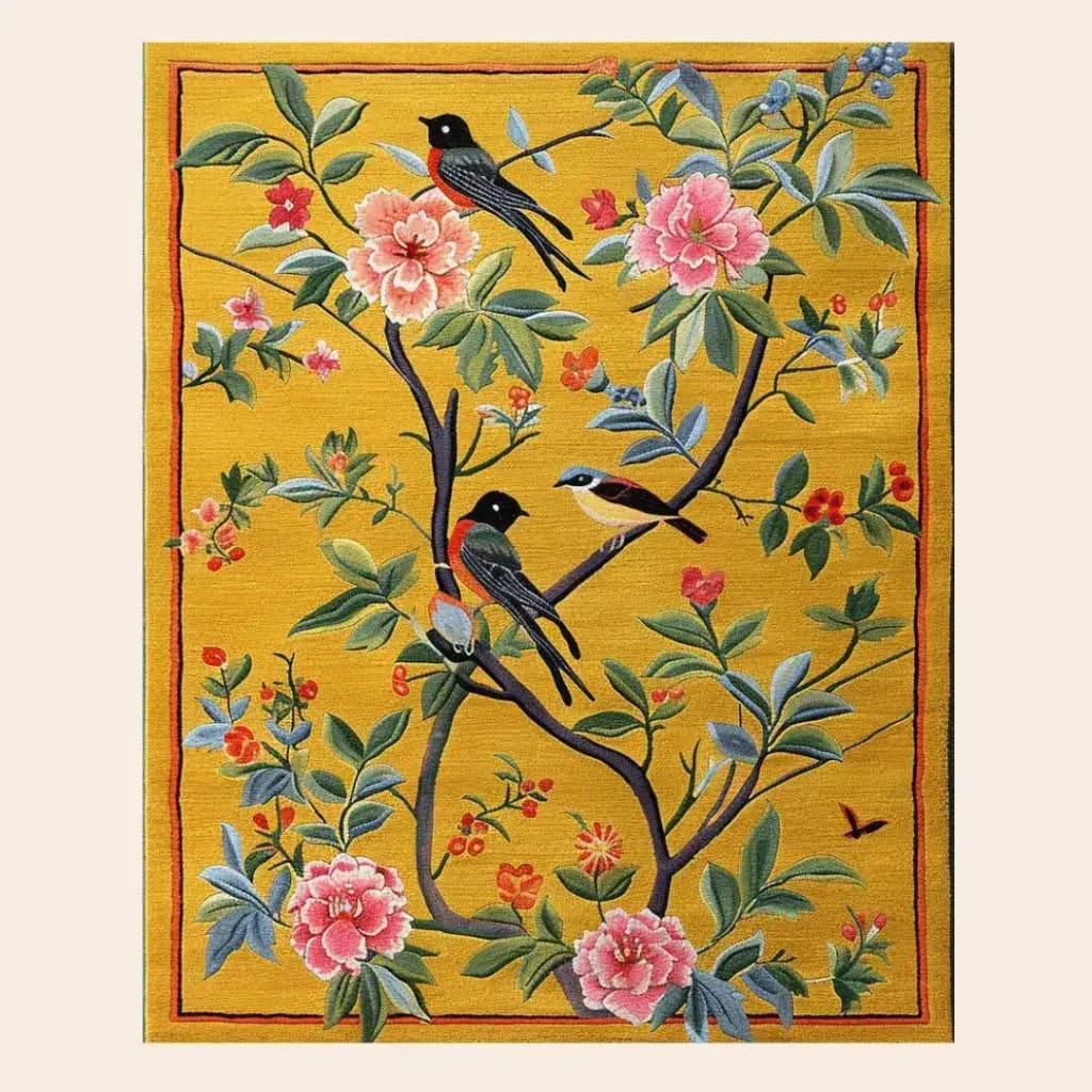 Golden Garden wool rug with pink flowering branches and perched songbirds on a mustard ground