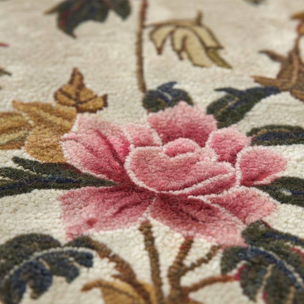 Close-up of a floral rug with a pink flower on a textured surface.