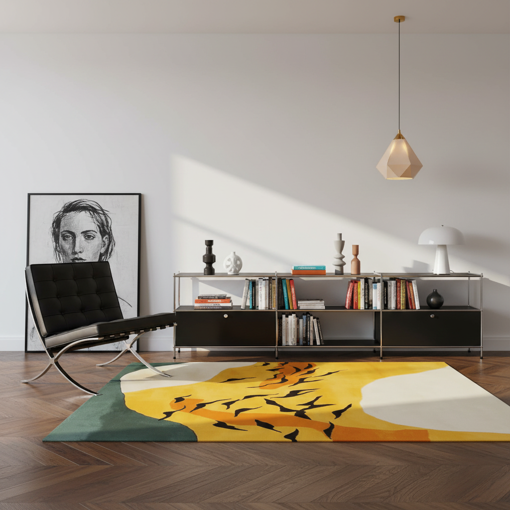 A modern living room scene featuring a large abstract area rug with yellow, orange, green, and white sections and black fish-like motifs. The rug is placed on a herringbone wood floor next to a black leather lounge chair and a low metal bookcase with books and decor.