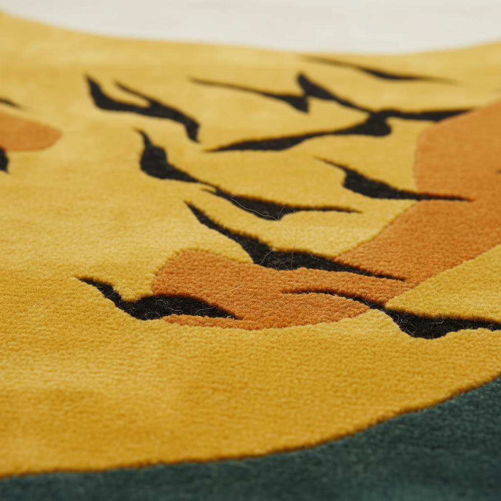 Close-up of a textured rug featuring a stylized face in mustard yellow, orange, and dark charcoal black, with a dark teal section visible at the bottom.