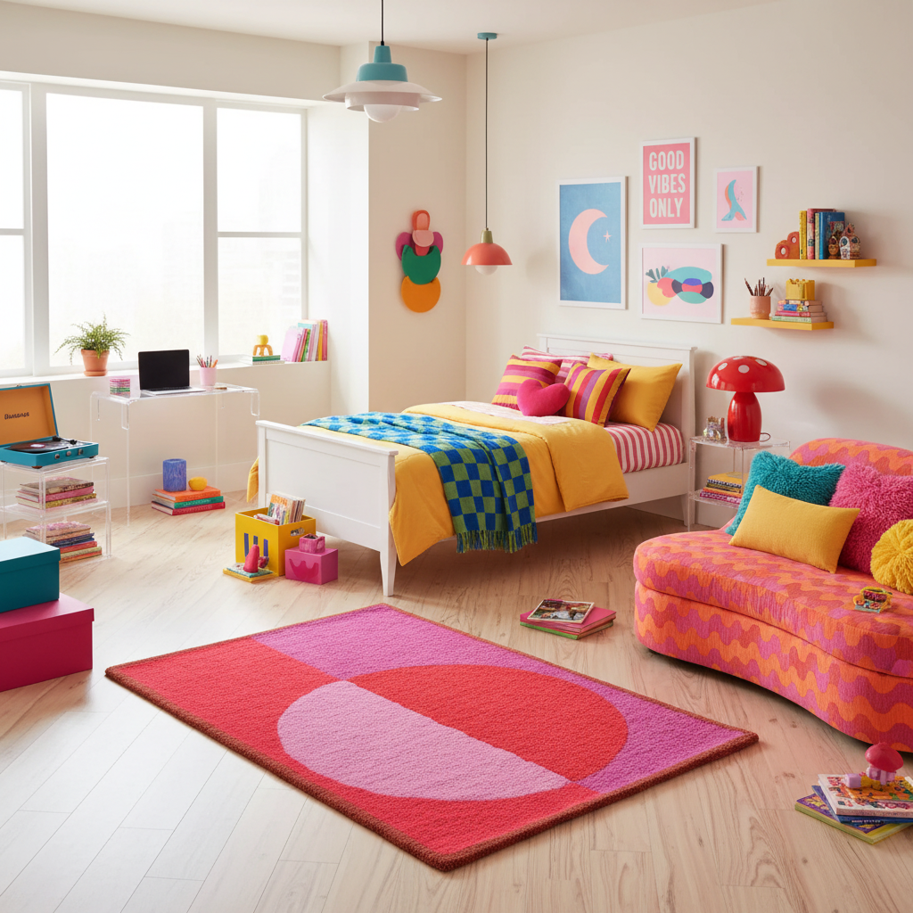 Colorful bedroom with a bed, rug, and shelves.