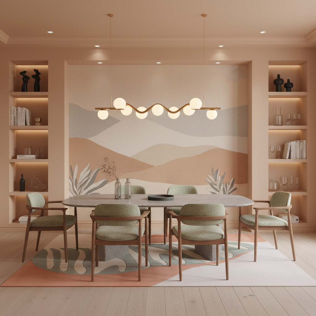 A modern dining room featuring a round wooden dining table surrounded by six upholstered chairs with sage green fabric. The room has warm beige walls with built-in shelves, a wavy linear pendant light with glowing globe bulbs, and a large abstract landscape wall mural. A patterned rug sits under the table on light wood flooring.