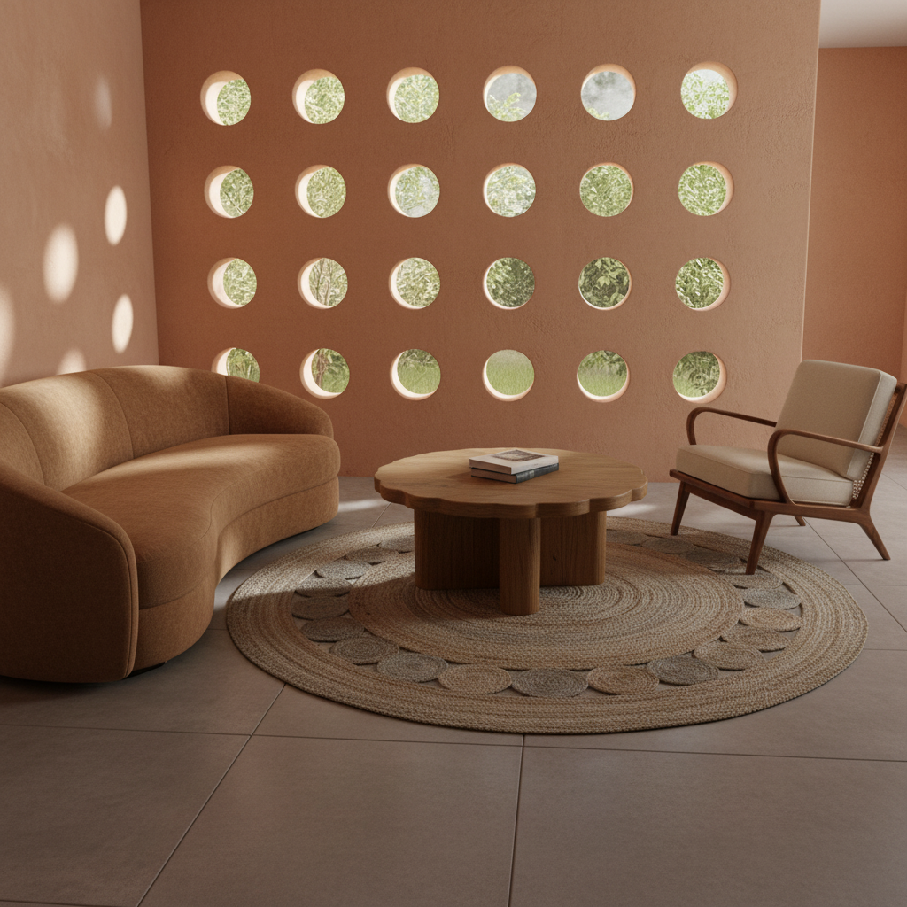 A styled interior scene with a curved tan sofa, a mid-century armchair, a round wooden coffee table, and a circular woven rug in a warm neutral room. A terracotta wall features multiple circular cutouts showing greenery outside.