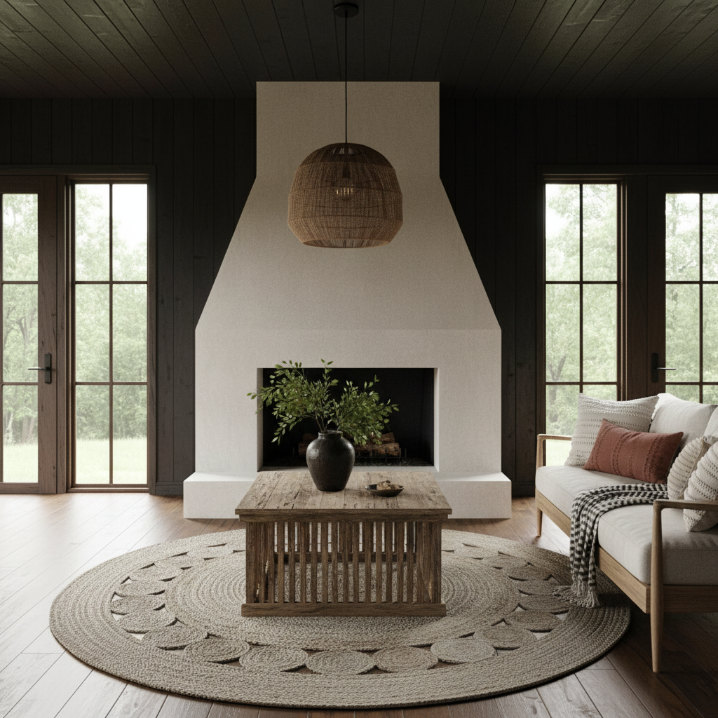 A styled living room interior with a large white fireplace surround, dark wood walls and ceiling, a round woven rug, a wooden coffee table, a white sofa with pillows, and a hanging wicker pendant light.