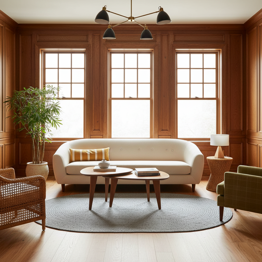 A beautifully styled living room featuring a cream-colored curved sofa as the central furniture piece, set against warm wood-paneled walls with three tall windows. The room is furnished with a round gray area rug, two low wooden coffee tables, a potted bamboo plant, a modern brass chandelier, and other coordinating furniture.