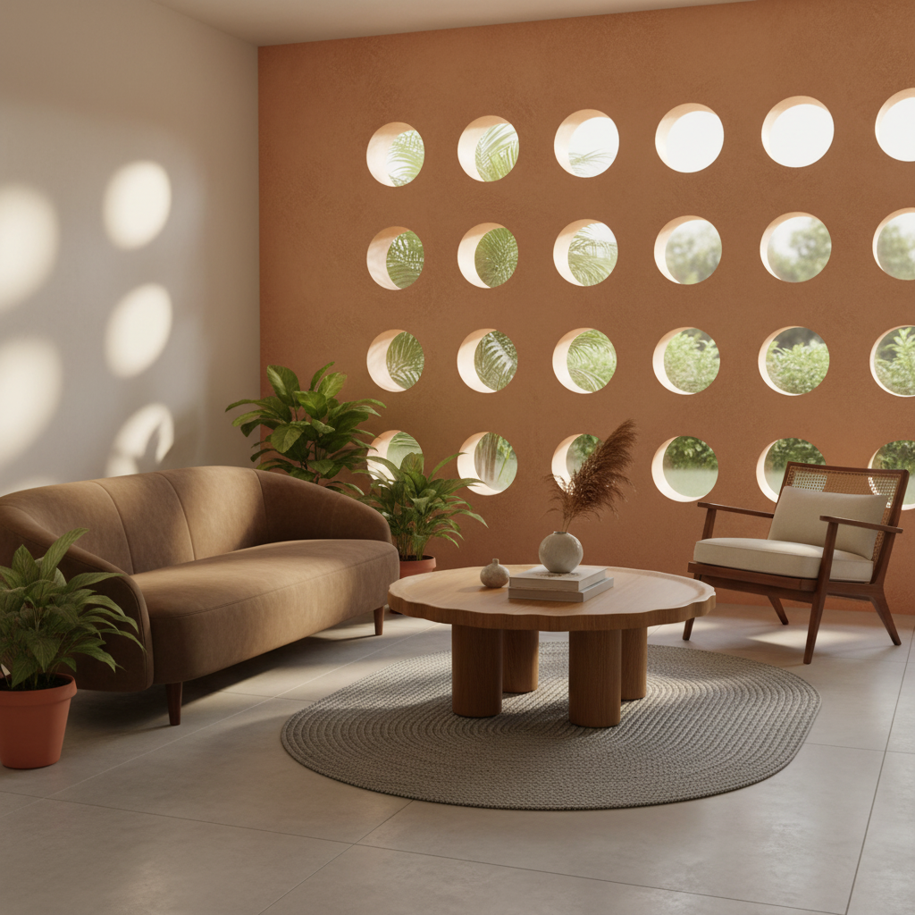 A modern living room corner with a curved brown sofa, a round wooden coffee table on a woven rug, a mid-century armchair, and a terracotta wall featuring circular cutouts. Several potted green plants are placed throughout the space, with sunlight casting soft shadows on the left wall.