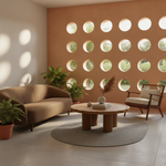 A modern living room corner with a curved brown sofa, a round wooden coffee table on a woven rug, a mid-century armchair, and a terracotta wall featuring circular cutouts. Several potted green plants are placed throughout the space, with sunlight casting soft shadows on the left wall.