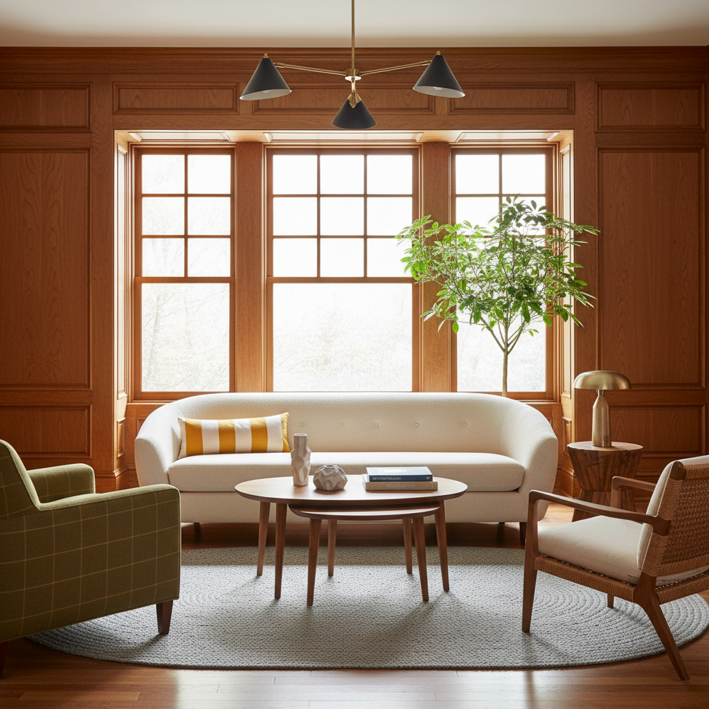 A styled living room interior with a cream curved sofa, round wooden coffee table, two accent chairs, wood-paneled walls, large windows, and a potted tree.