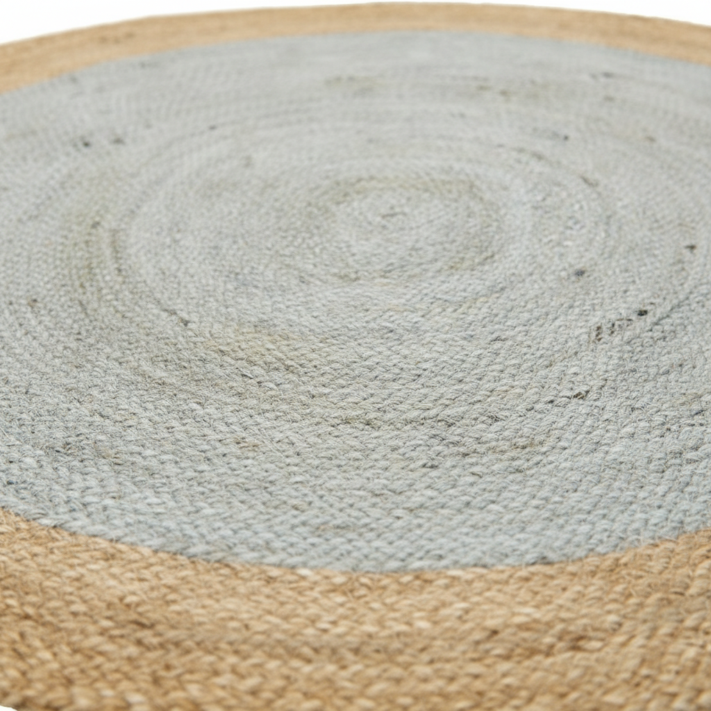 A close-up of a round woven rug with a light gray center and a natural tan braided border.