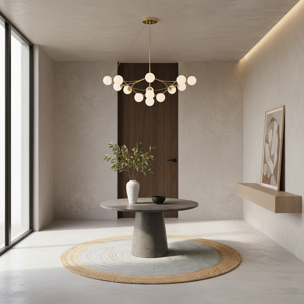 A modern spherical chandelier with glowing frosted glass globes hangs over a round stone table in a minimalist, warm-toned dining or living room with textured walls, a wooden door, and a light-colored rug.