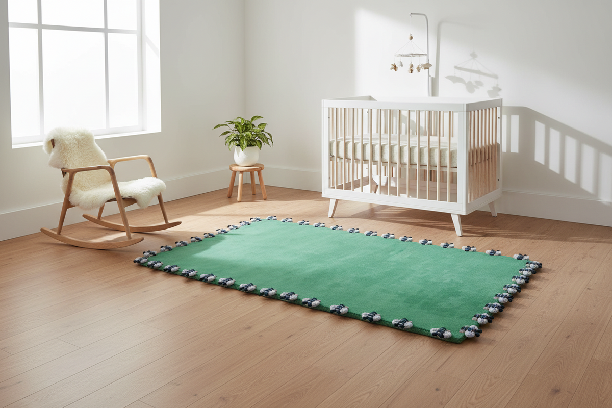 A green rectangular baby rug with a dark gray and white patterned border, styled on a light wood floor in a bright, modern nursery next to a white crib, rocking chair, and small plant.