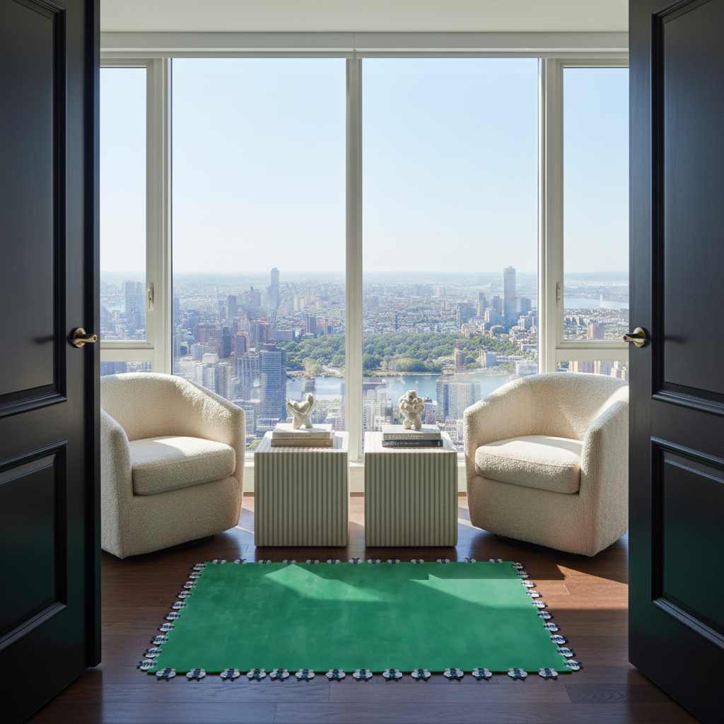 A modern living room scene with two cream boucle armchairs, two ribbed side tables, a green rug, and large floor-to-ceiling windows overlooking a city skyline. Two dark open doors frame the left and right sides of the view.