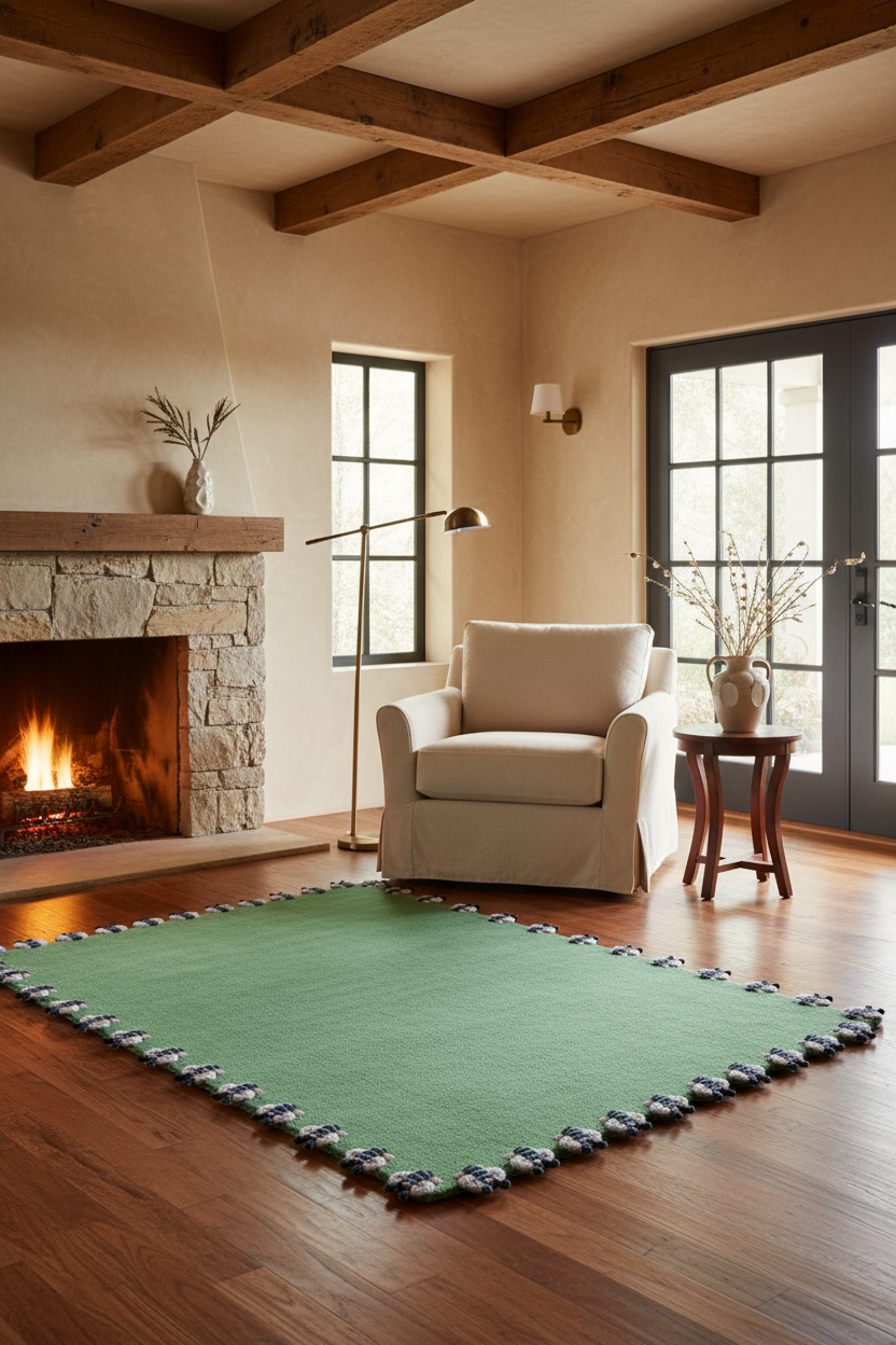 A green rectangular area rug with black and gray fringe tassels is styled on a dark wood floor in a cozy living room with a stone fireplace, beige armchair, and wooden ceiling beams.