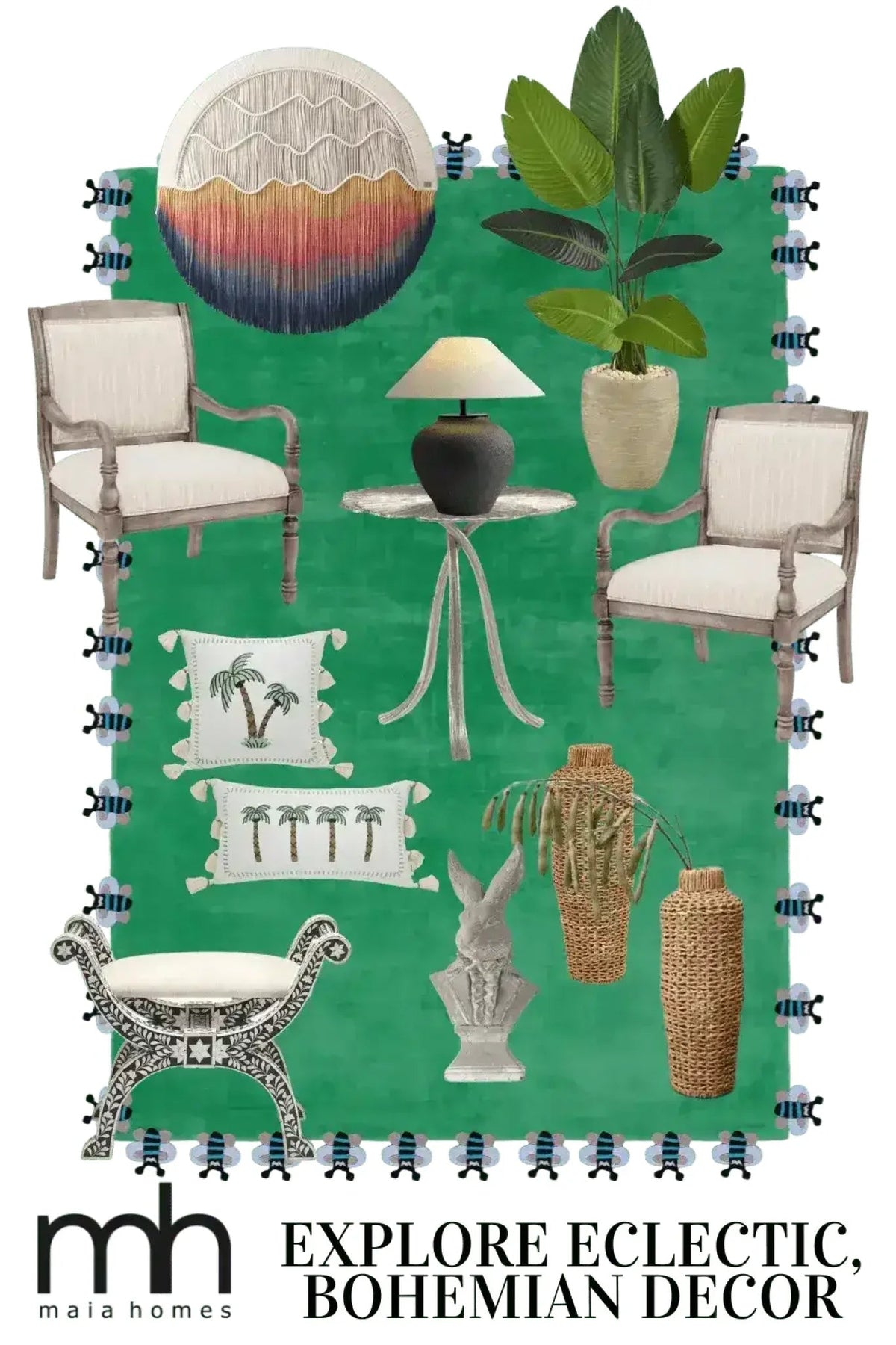 Green Bees Love Hand Tufted Wool Rug 6 - 1001 Knots