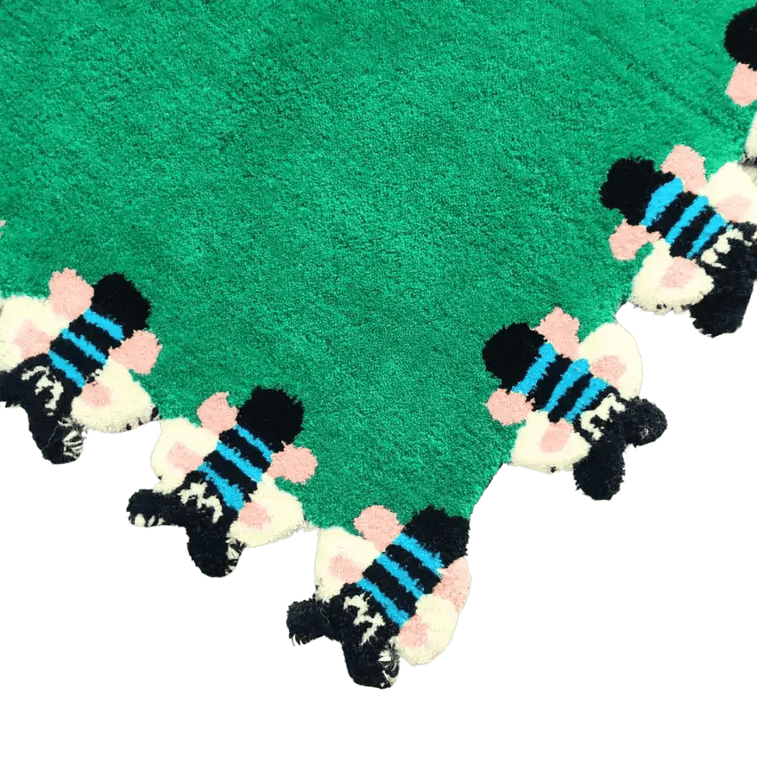 Green Bees Love Hand Tufted Wool Rug 4 - 1001 Knots