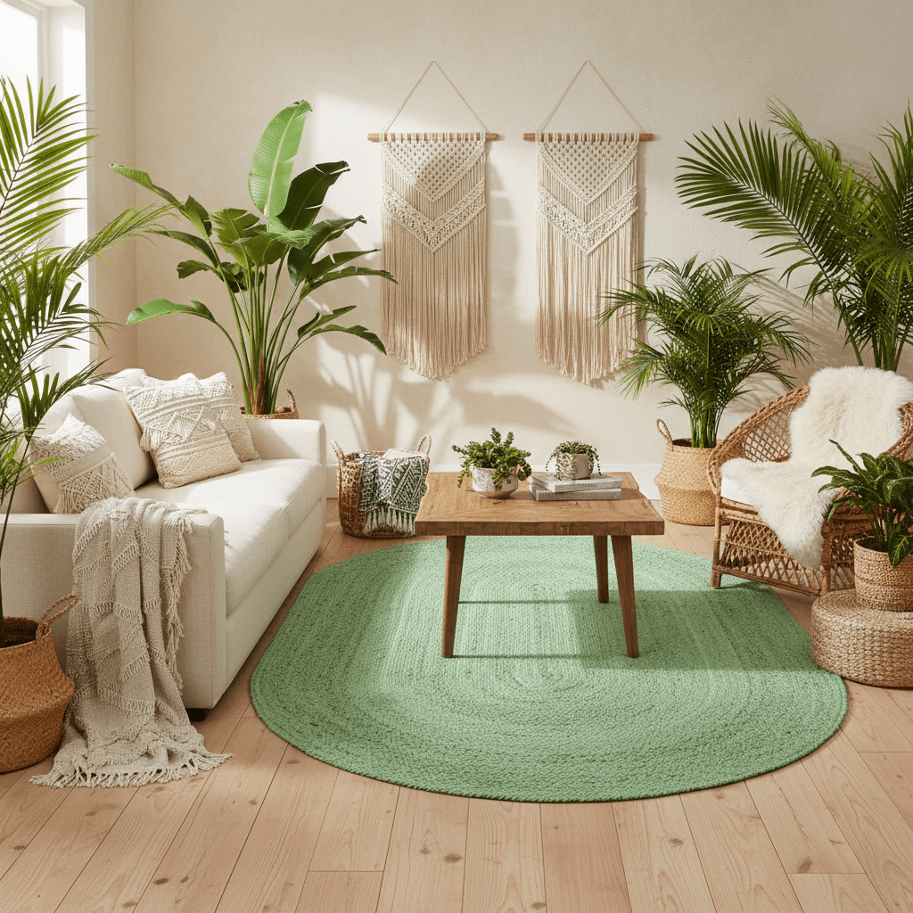 Green Elongated Oval Jute Rug