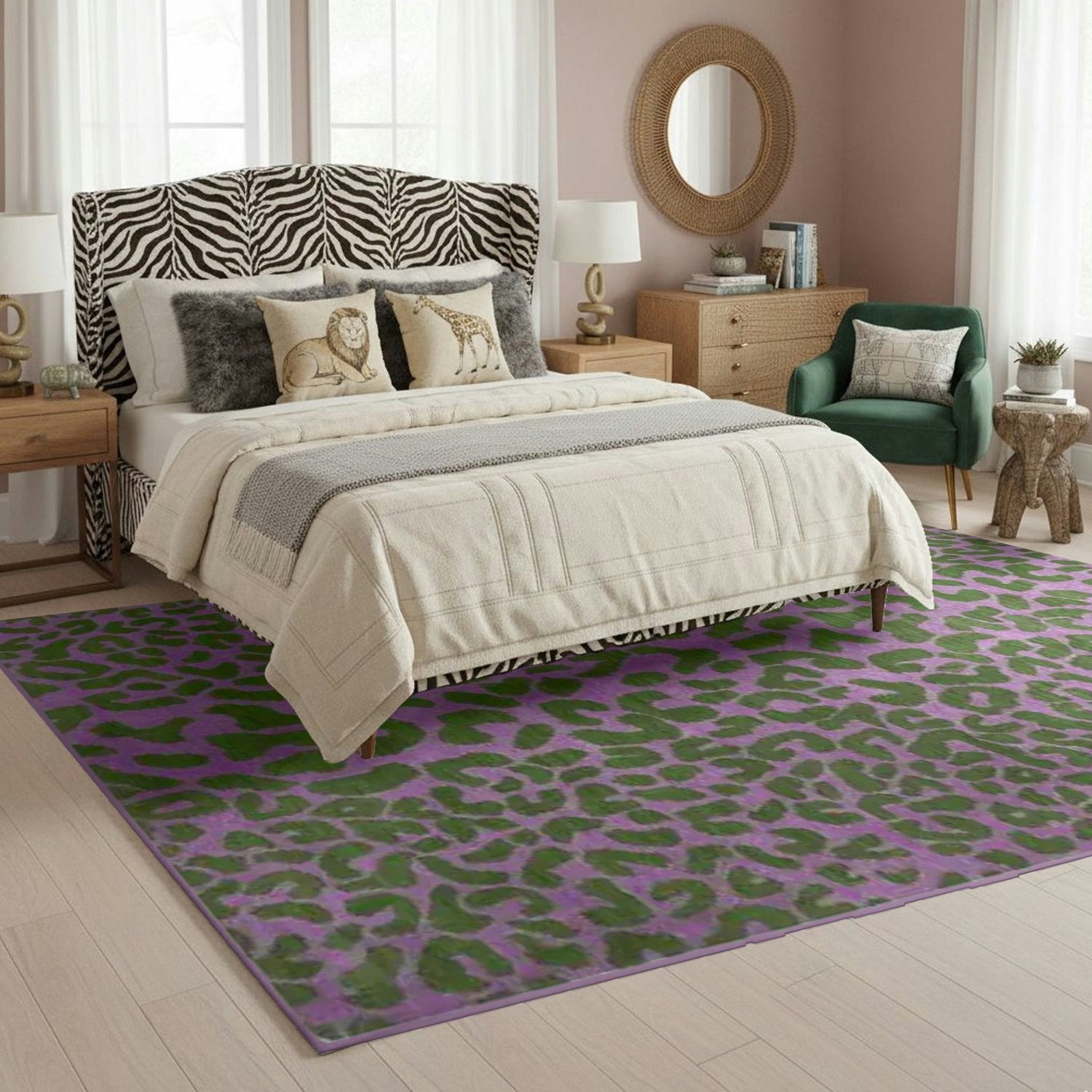 Green Leopard Print Hand Tufted Wool Rug