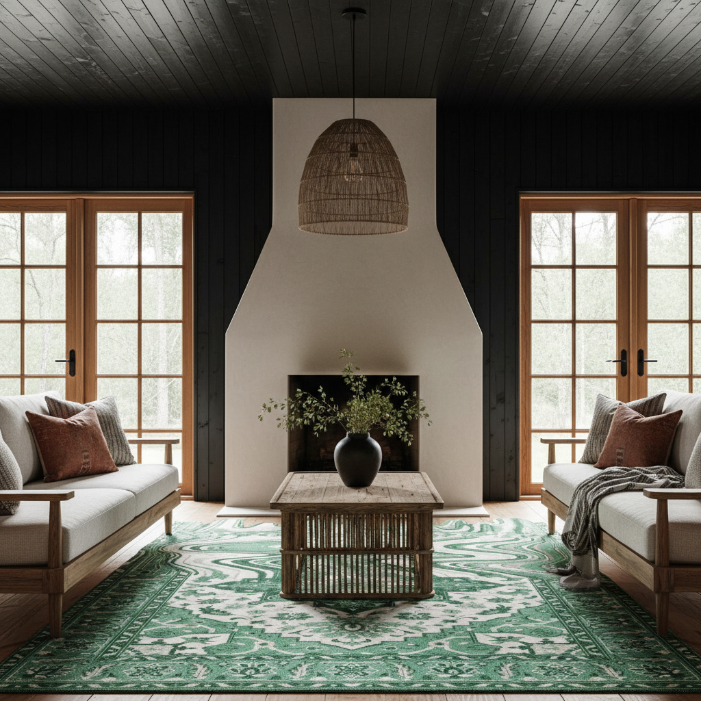 A styled living room interior with two white sofas, brown wood-framed doors, a green patterned area rug, a wooden coffee table with a black vase, and a large white fireplace wall in the background.