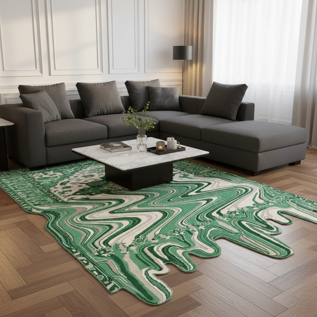 A modern living room scene featuring a large area rug with a green and cream wavy, fluid-like pattern. The rug is styled on a light wood herringbone floor under a dark gray sectional sofa and a white marble-top coffee table.