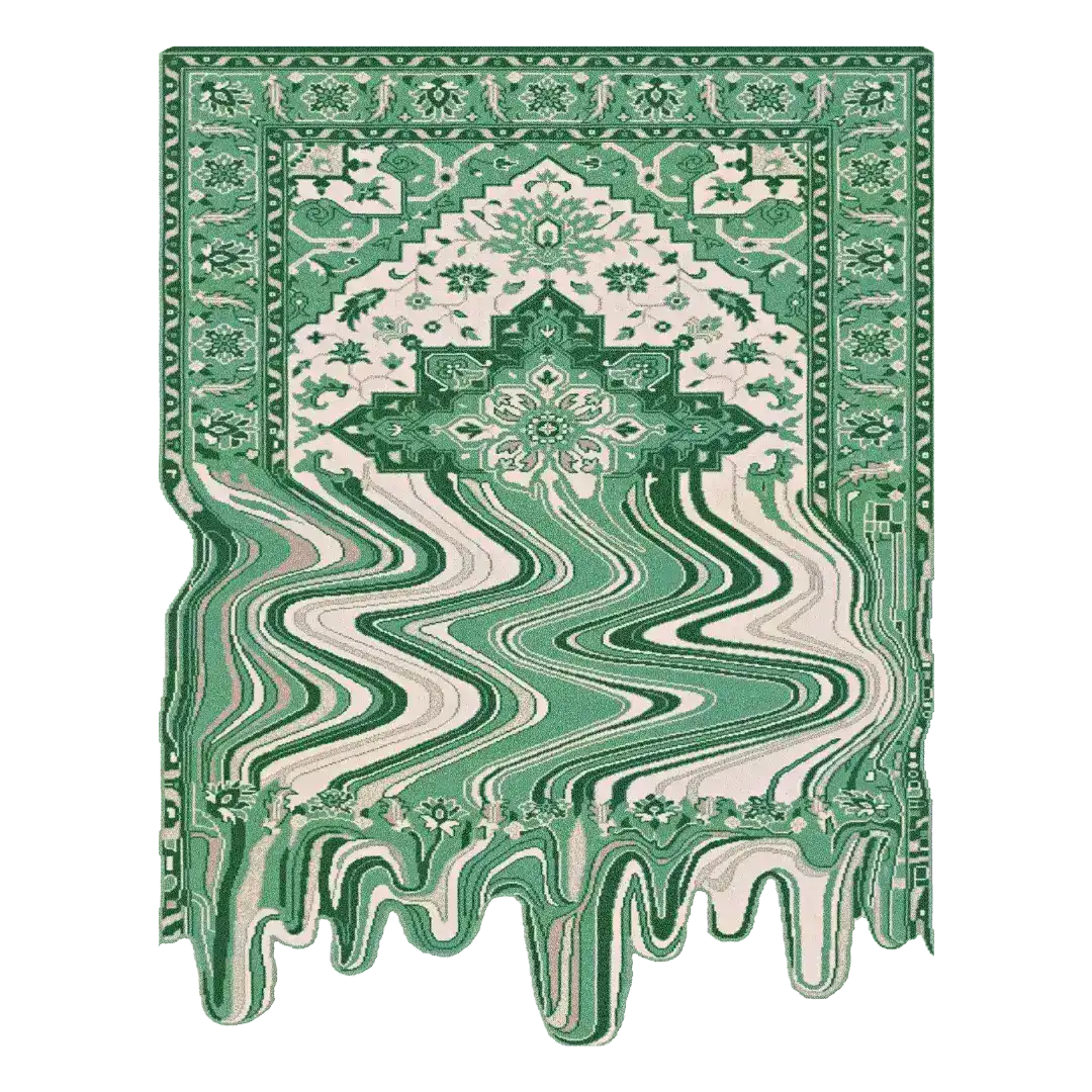 Green Melting Persian-style wool rug with a traditional medallion dripping into abstract streaks