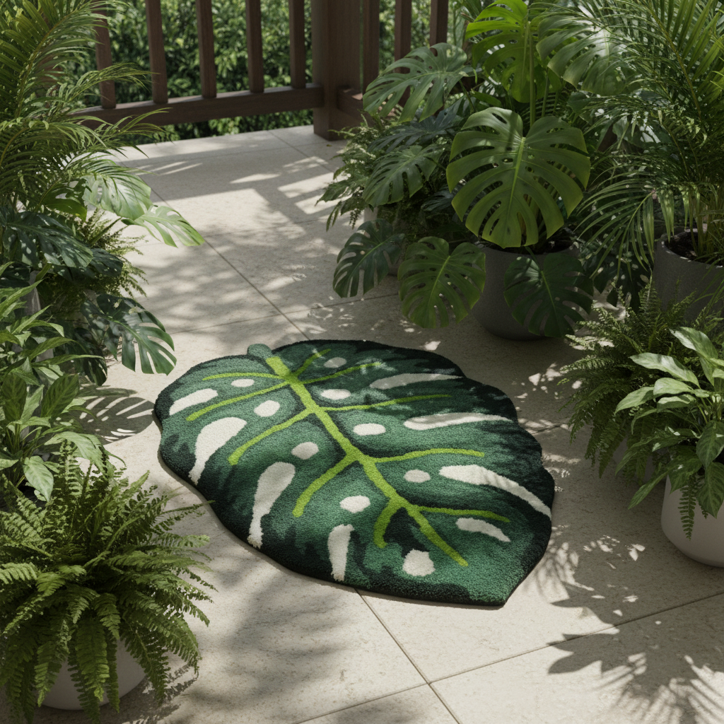 Green Monstera Leaf Shaped Accent Hand Tufted Wool Rug