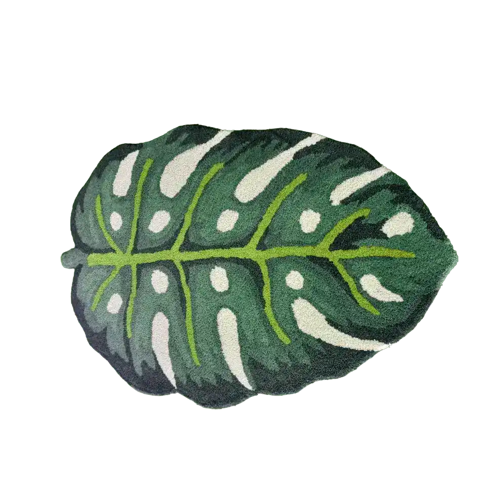 Green Monstera Leaf Shaped Accent Hand Tufted Wool Rug