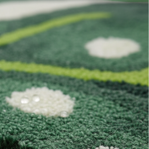 Close-up of a green textured rug or carpet with bright lime-green curved stripes and white circular accents, showing water droplets on the surface.