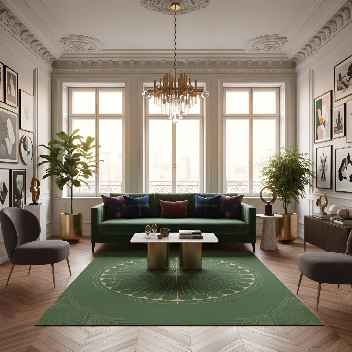 Green Moon Art Deco Hand Tufted Wool Rug