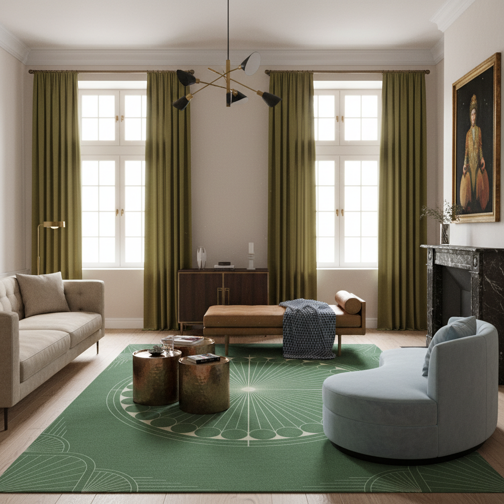 A styled living room featuring a large green area rug with a white geometric sunburst pattern, olive green curtains, a beige sofa, a light blue curved armchair, and a brown leather bench.