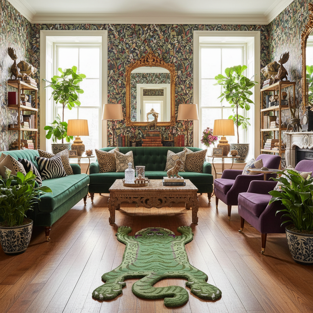 Green Tibetan Tiger Accent Wool Rug