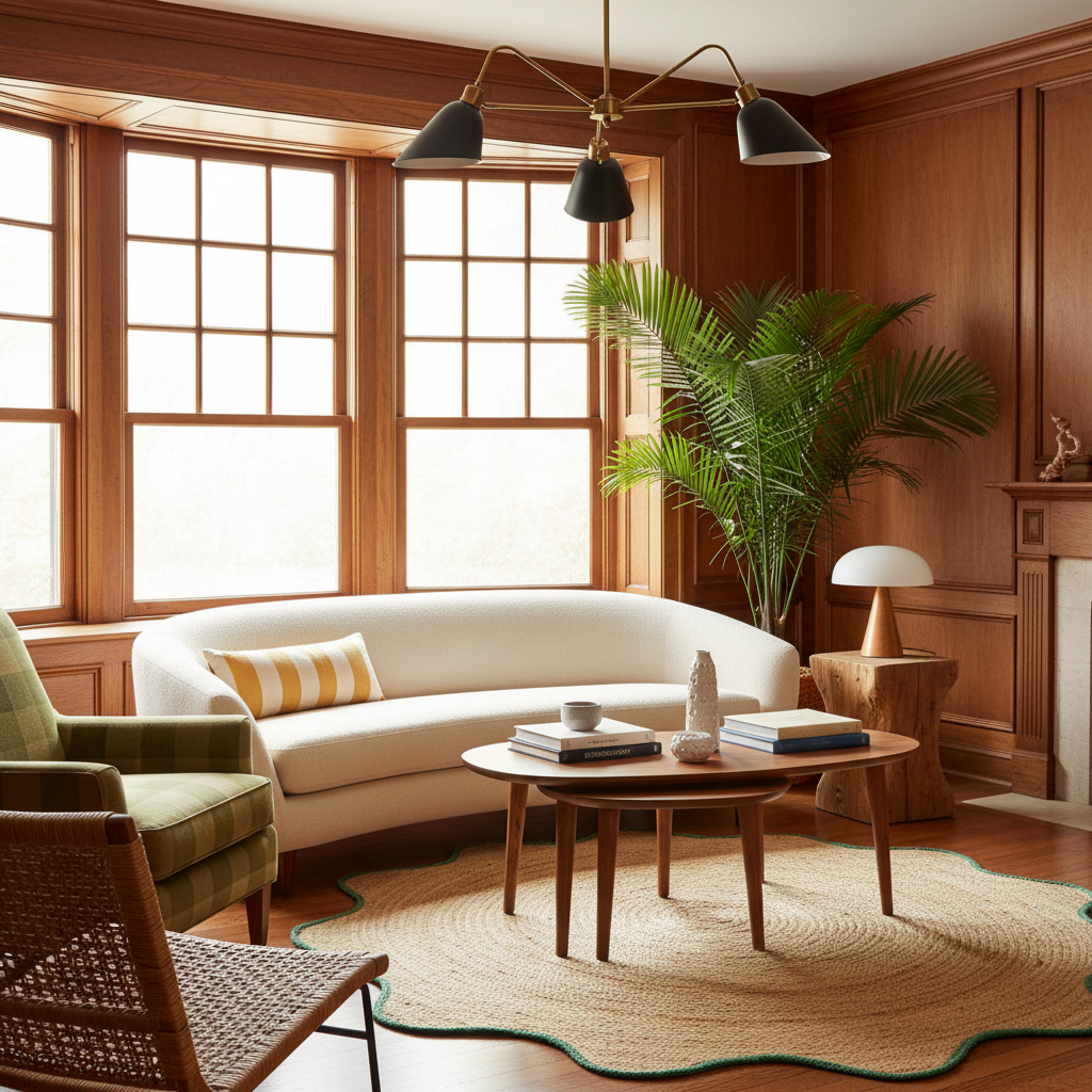 A beautifully styled mid-century modern living room featuring a cream curved sofa, a green woven armchair, a round wooden coffee table, and a large potted palm plant in front of tall wood-paneled windows.