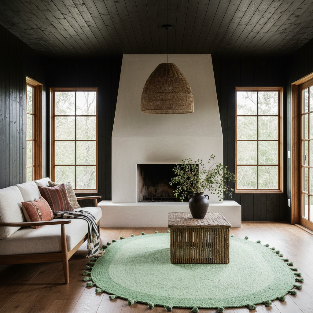 A styled living room interior with a white sofa, woven pendant light, round green rug, bamboo coffee table, dark wood-paneled walls, and large multi-pane windows.