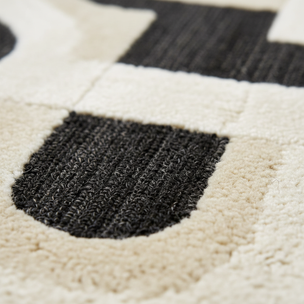 Close-up of a plush area rug with a modern geometric pattern in black and cream.