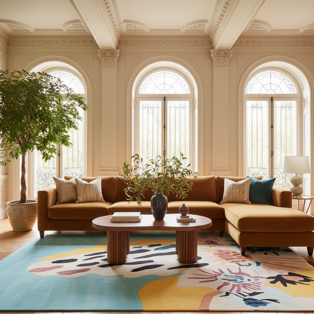 A styled living room interior featuring a mustard-brown sectional sofa with neutral and teal accent pillows, a round wooden coffee table, a large abstract area rug in turquoise, cream, yellow, and pink, and a potted tree near arched windows.