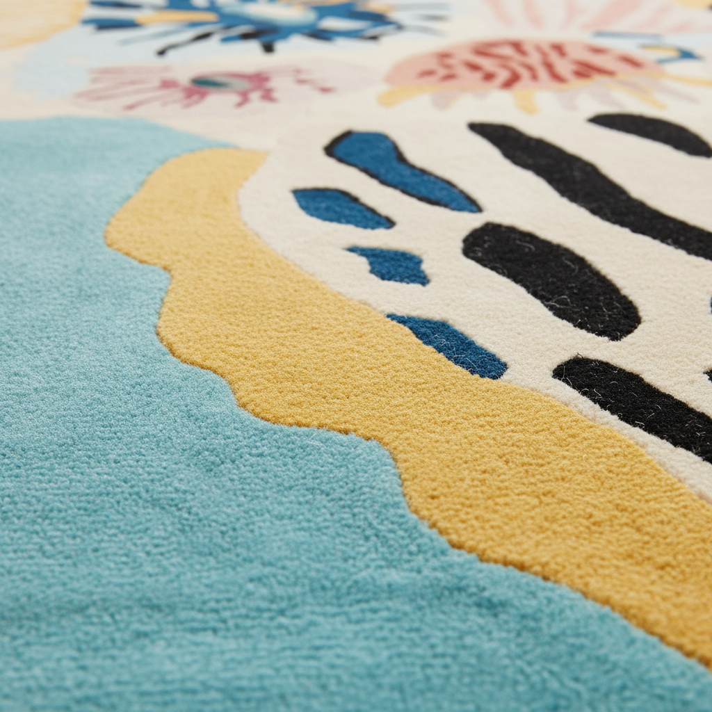 Close-up of a colorful abstract area rug with a turquoise foreground, yellow wave-like section, cream background, and black and blue zebra-like stripes.