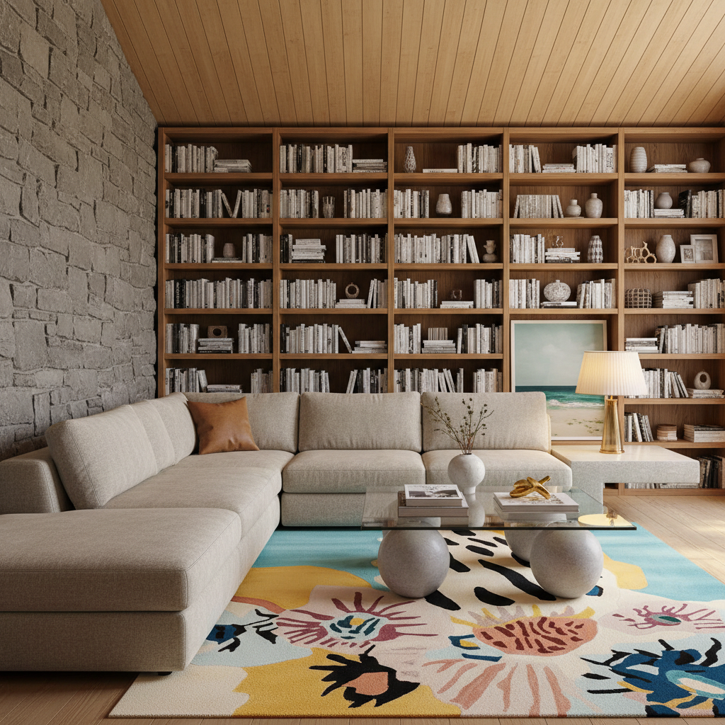 A modern living room featuring a large beige sectional sofa, a bold abstract area rug, a glass coffee table, and a massive wooden bookshelf filled with books in the background.
