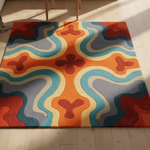 A square area rug with a retro 1960s wavy pattern in orange, teal, red, and cream, shown on a light wood floor with sunlight casting shadows.