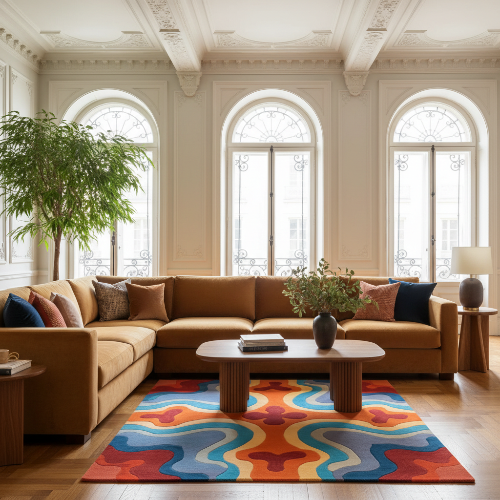 A modern living room featuring a large tan sectional sofa, a vibrant multicolor abstract-patterned area rug, a low wooden coffee table, and a potted plant in front of three tall arched windows.