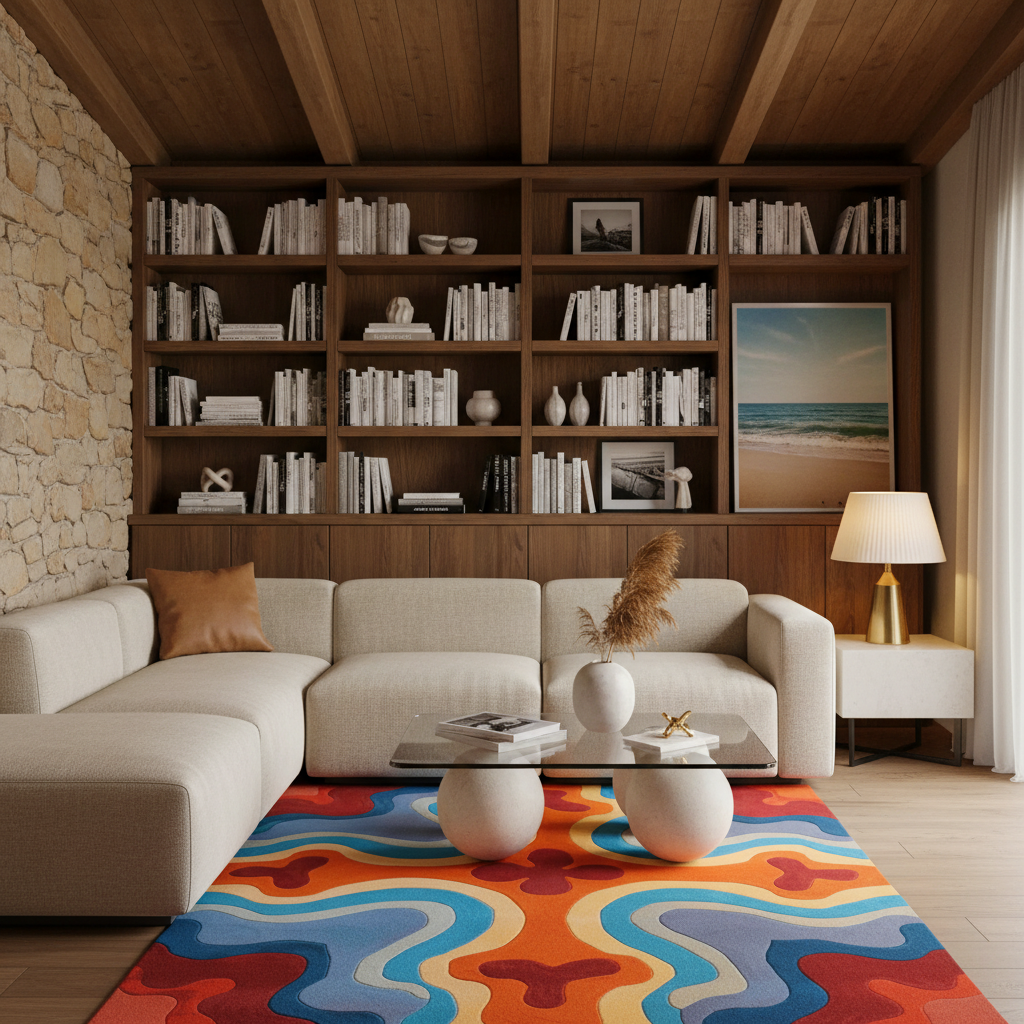 A modern living room featuring a large beige sectional sofa, a colorful abstract patterned area rug, a built-in wooden bookshelf with books and decor, a stone wall, and a glass coffee table.