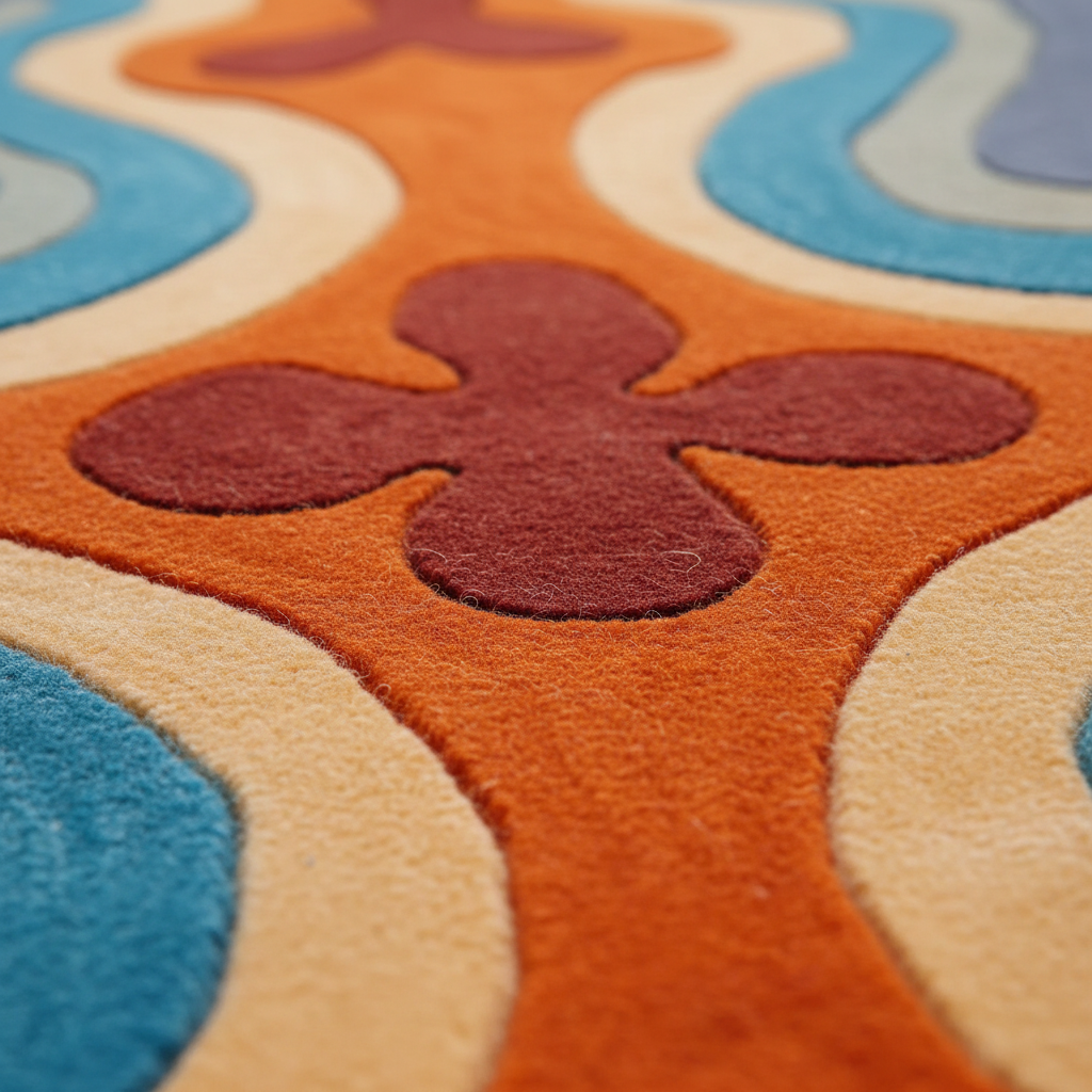 Close-up of a plush area rug with a retro 1970s design, featuring wavy beige and blue borders and a central dark red clover-like shape on an orange background.
